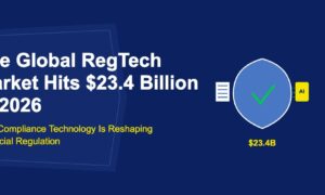 Blue shield with green checkmark white regulation document and yellow AI scanner on dark blue background