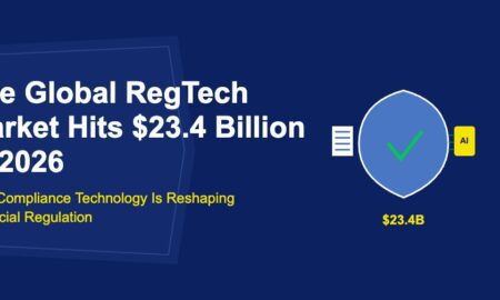 Blue shield with green checkmark white regulation document and yellow AI scanner on dark blue background