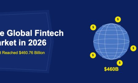 Blue globe with latitude lines and orbiting golden dollar signs on dark blue background