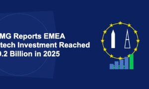 Circle of golden EU stars with Big Ben and Eiffel Tower silhouettes and rising bar chart on dark blue background