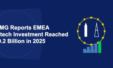Circle of golden EU stars with Big Ben and Eiffel Tower silhouettes and rising bar chart on dark blue background