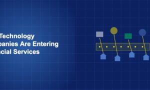 Technology company logos represented as abstract shapes merging with banking elements on dark blue background