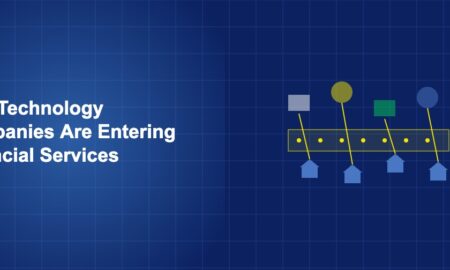 Technology company logos represented as abstract shapes merging with banking elements on dark blue background