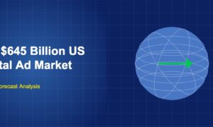 Blue globe with latitude and longitude grid lines and a green forward-pointing arrow across the centre