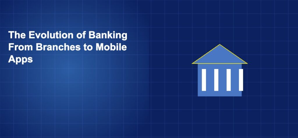 Bank building transitioning to smartphone screen representing the shift from branch to mobile banking