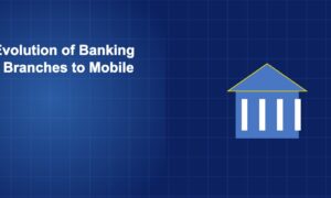 Bank building transitioning to smartphone screen representing the shift from branch to mobile banking