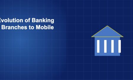 Bank building transitioning to smartphone screen representing the shift from branch to mobile banking