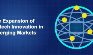 Dark blue fintech illustration with icons in solo composition