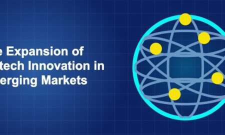 Dark blue fintech illustration with icons in solo composition