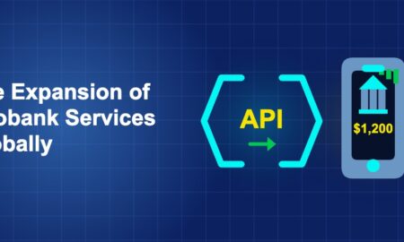 Dark blue fintech illustration with + icons in side-by-side composition