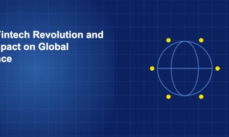 Globe surrounded by orbital financial symbols representing the worldwide impact of the fintech revolution