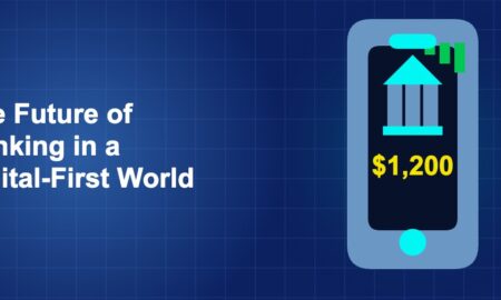 Dark blue fintech illustration with icons in solo composition