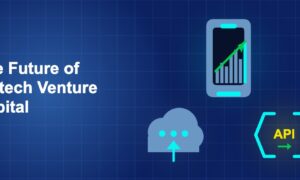 Dark blue fintech illustration with ++ icons in triangle composition