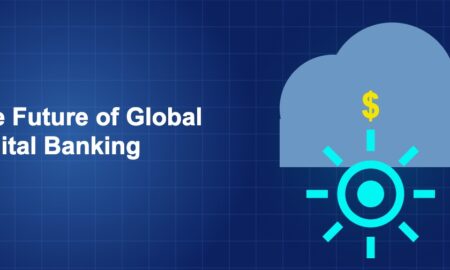 Dark blue fintech illustration with icons in solo composition