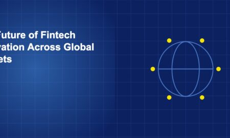 Globe with radiating connection lines to orbital dots representing fintech innovation spreading across global markets