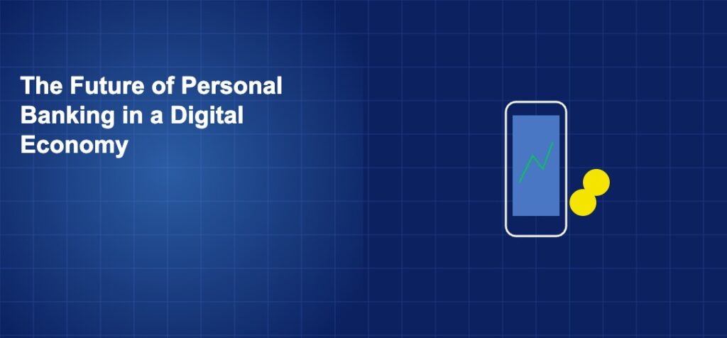 Smartphone with banking charts and floating financial icons representing the future of personal digital banking