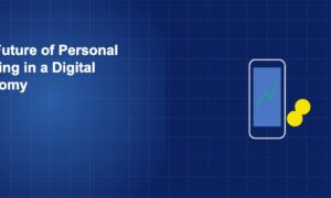 Smartphone with banking charts and floating financial icons representing the future of personal digital banking