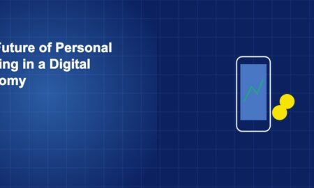 Smartphone with banking charts and floating financial icons representing the future of personal digital banking