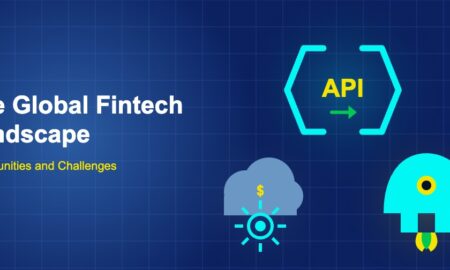 Dark blue fintech illustration with ++ icons in triangle composition