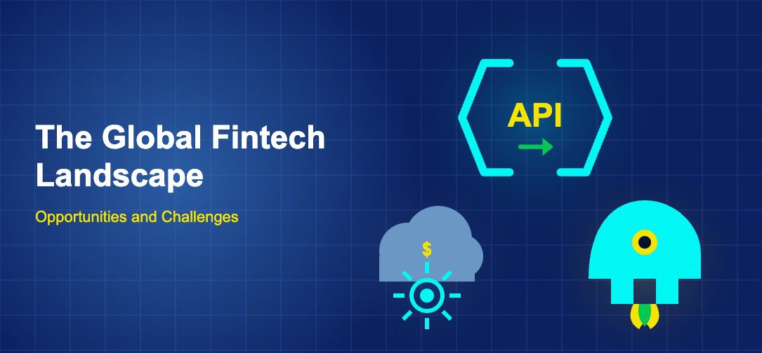Dark blue fintech illustration with ++ icons in triangle composition