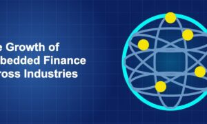 Dark blue fintech illustration with icons in solo composition