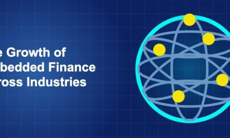 Dark blue fintech illustration with icons in solo composition