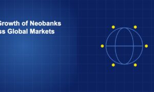 Globe with connection lines to multiple regions representing neobank expansion across global markets