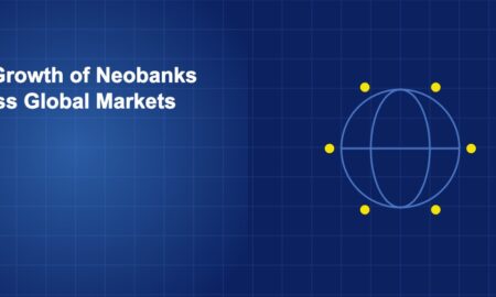Globe with connection lines to multiple regions representing neobank expansion across global markets