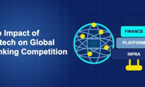 Dark blue fintech illustration with + icons in side-by-side composition