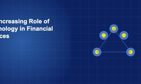 Interconnected network nodes with circuit lines representing technology connections in financial services