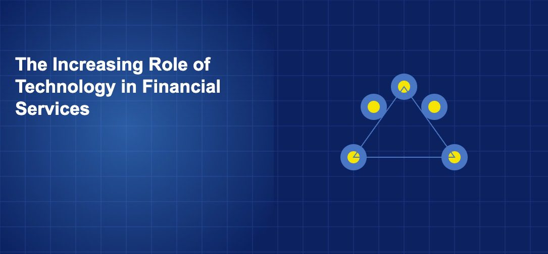 Interconnected network nodes with circuit lines representing technology connections in financial services