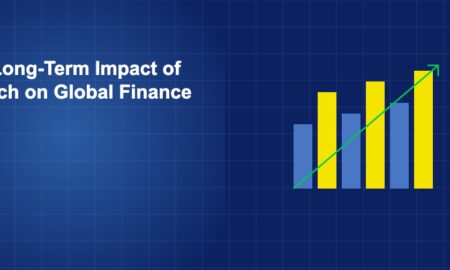 Bar chart with ascending trend line representing long-term fintech revenue growth projections