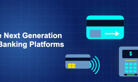 Dark blue fintech illustration with ++ icons in triangle composition