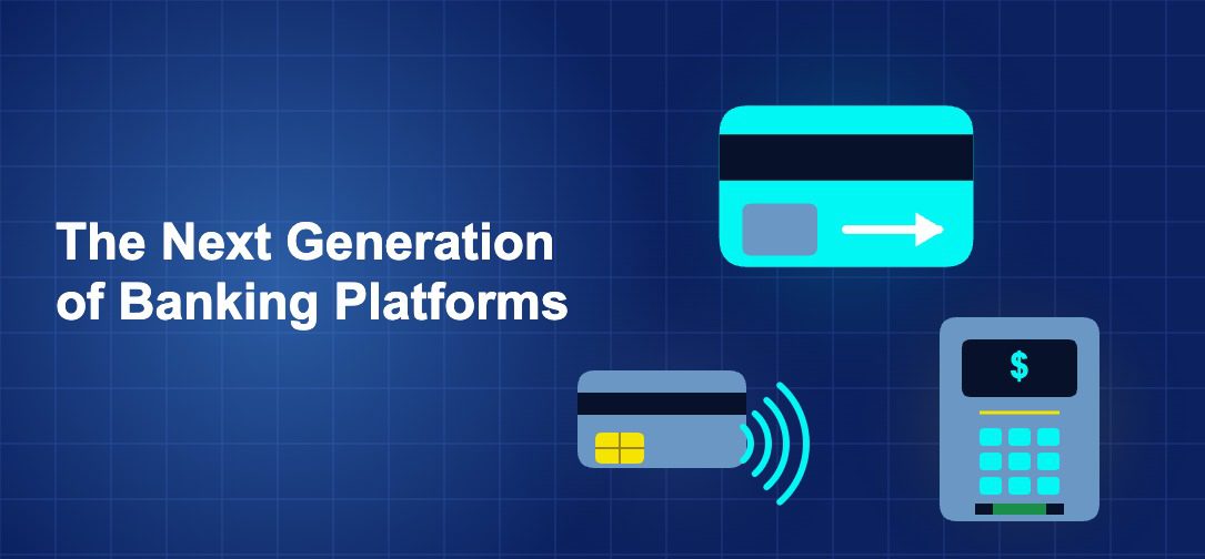 Dark blue fintech illustration with ++ icons in triangle composition