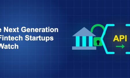 Dark blue fintech illustration with + icons in side-by-side composition