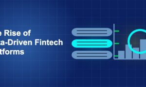 Dark blue fintech illustration with + icons in side-by-side composition