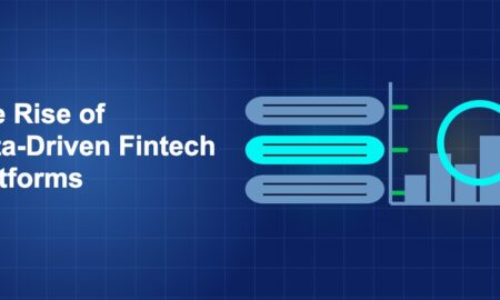 Dark blue fintech illustration with + icons in side-by-side composition