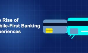 Dark blue fintech illustration with + icons in side-by-side composition