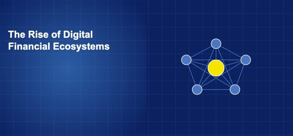 Interconnected network with central hub and branching nodes representing digital financial ecosystem connections