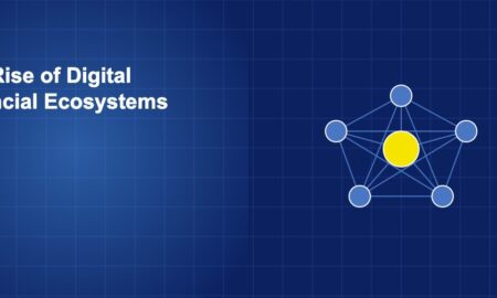 Interconnected network with central hub and branching nodes representing digital financial ecosystem connections