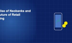 Smartphone screen displaying banking interface with floating financial icons representing neobank services
