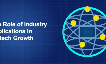 Dark blue fintech illustration with icons in solo composition