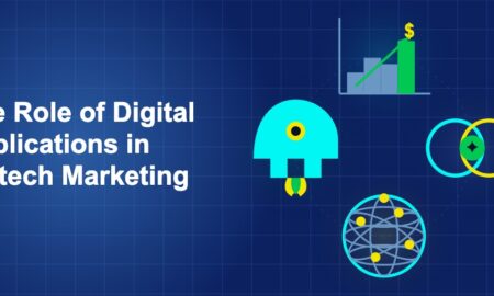 Dark blue illustration showing icon, icon, icon, icon in circular composition