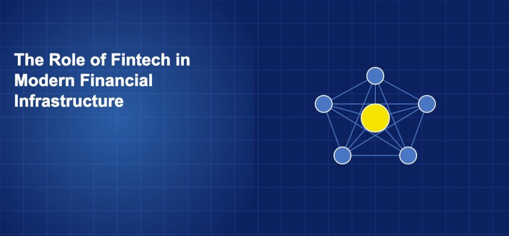 Network of connected nodes with a central hub representing modern fintech infrastructure layers