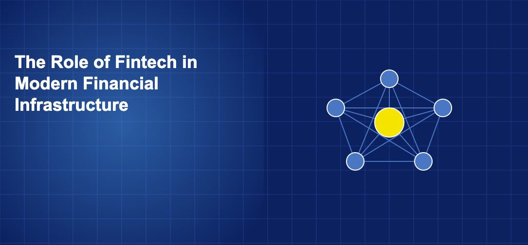 Network of connected nodes with a central hub representing modern fintech infrastructure layers