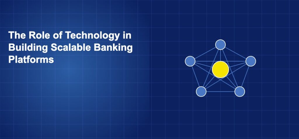 Network of connected nodes with central hub representing scalable cloud-native banking platform architecture
