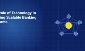 Network of connected nodes with central hub representing scalable cloud-native banking platform architecture