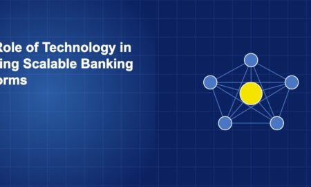 Network of connected nodes with central hub representing scalable cloud-native banking platform architecture