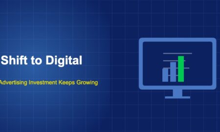 Blue computer monitor with a dark screen displaying a small green bar chart inside