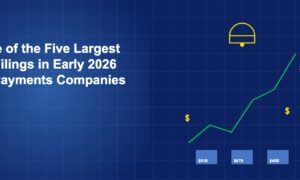Rising stock chart with an IPO bell and three company valuation blocks showing dollar amounts